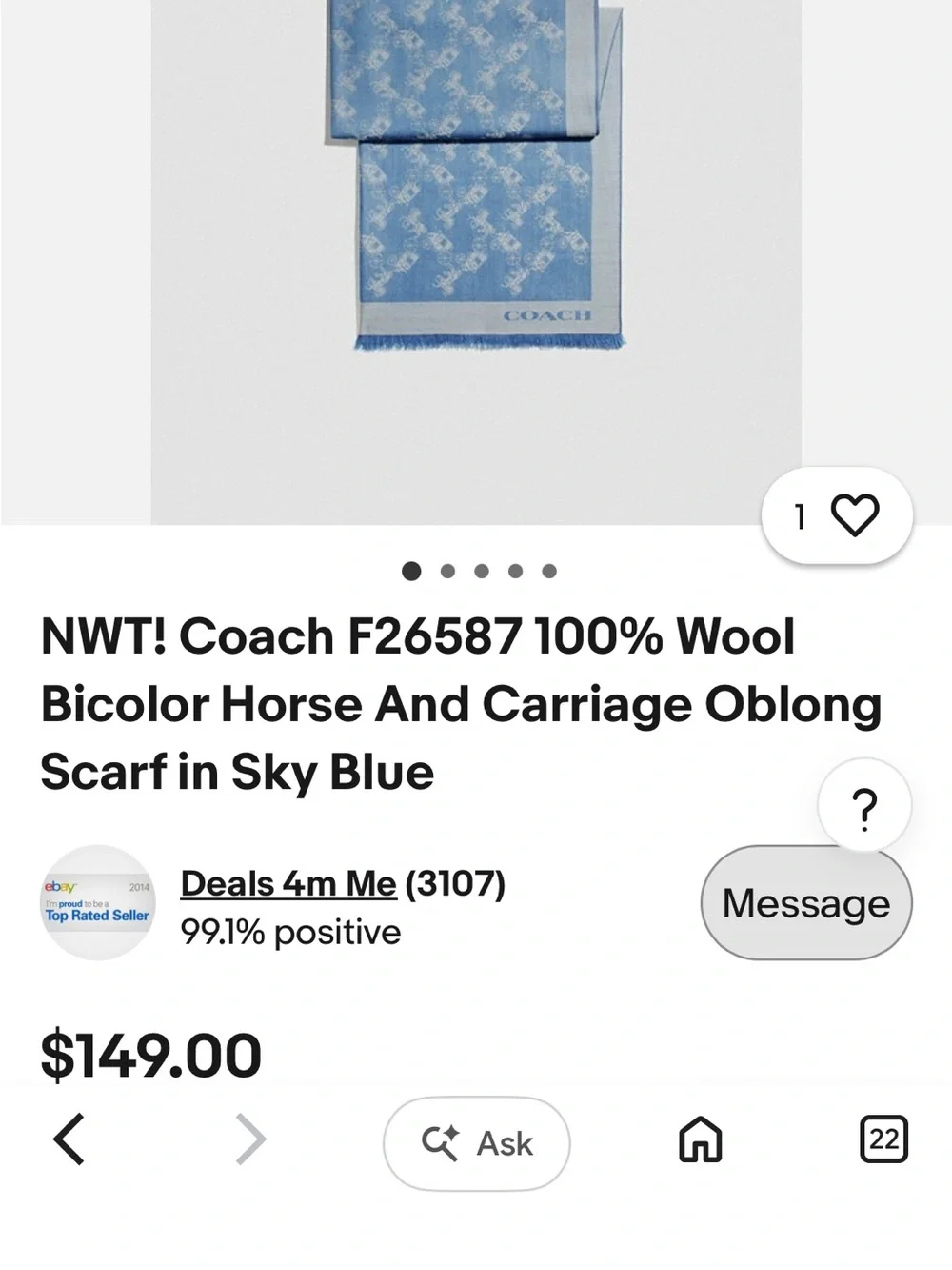 Coach Light Blue & Cream Signature Fringe Scarf - Coach